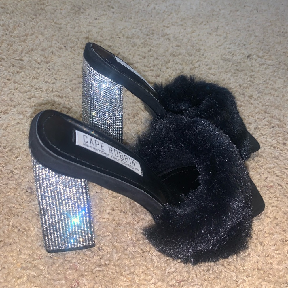 Cape Robbin fur rhinestone heels